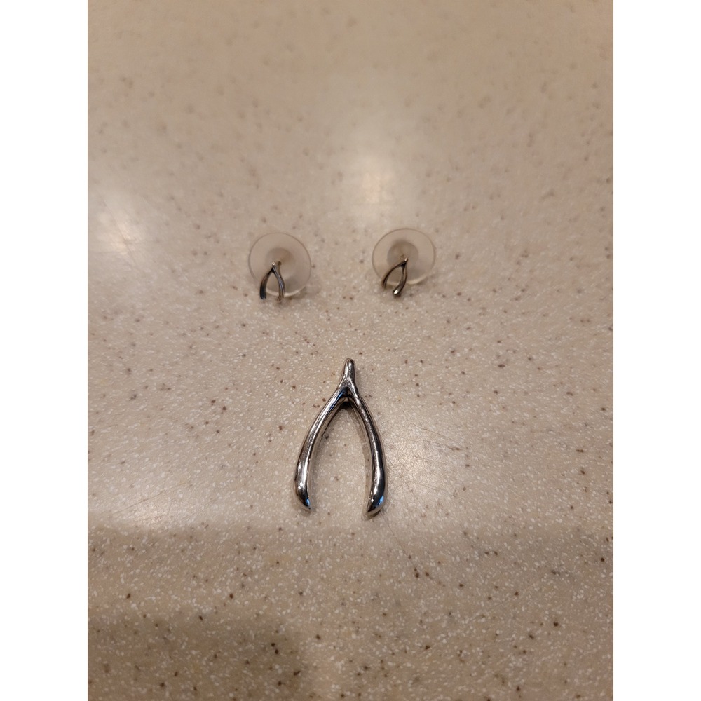 Silver Wishbone Jewelry Set Stud Earrings and Matching Pendant Lucky Charm